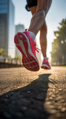 Close-up of Running Shoes in Motion. Runner's Legs and Pink Sneakers on a Paved City Road.

