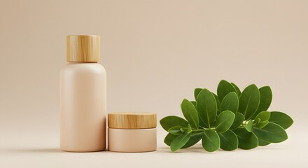 Minimalist cosmetic bottle and jar with wooden cap and green plant on beige background with shadows