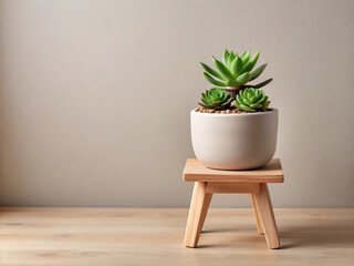 Fototapeta premium An elegant bonsai tree in a pot on a wooden table is a beautiful home decoration that brings nature indoors to a minimalist living room design