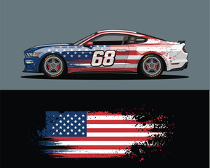 Professional racing car wrap design with American flag livery. Grunge style vector graphic for vehicle branding and decals.