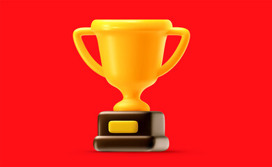 Vector realistic illustration of golden champion winner cup on red background. 3d cartoon style design of sport success award. Winner prize, trophy cup icon. Golden win reward