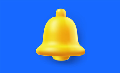 Vector realistic illustration of golden color hand alert bell and alarm notification icon on blue background. 3d cartoon style business and education design of yellow bell icon