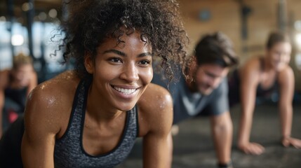 smiling young african american woman in sportswear doing pushups during an exercise class with a group of friends at the gym no logos no brands ar 169