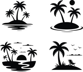 Set of four black and white minimalist tropical island silhouettes. Vector icons with palm trees for summer vacation concepts.