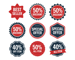 A set of nine vintage-style sale badges and promotional labels. Vector collection for special offers, discounts, and best seller tags.