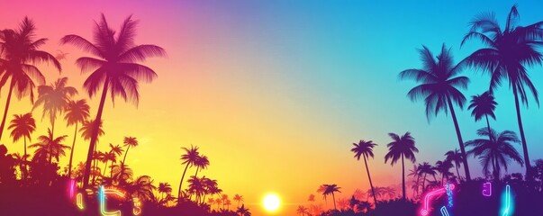 Colorful tropical sunset featuring palm trees and musical elements
