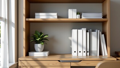 an organized home office setup. a wooden bookshelf holds multiple books, with some stacked horizontally