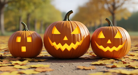 Fototapeta premium Three halloween pumpkins with carved faces sitting on a ground covered in autumn leaves in an outdoor setting