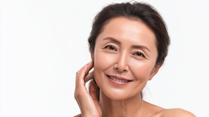 headshot portrait of gorgeous happy middle aged mature asian woman senior older 50 year lady looking at camera touching her face isolated on white ads of lifting anti wrinkle skin care spa no logos n