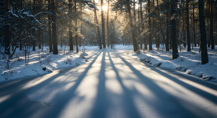 Sunlight Streams Through the Winter Forest: A Serene Landscape of Snow-Covered Ground and Towering Trees Casting Long Shadows Across the Frozen Expanse creating a tranquil and picturesque winter scene