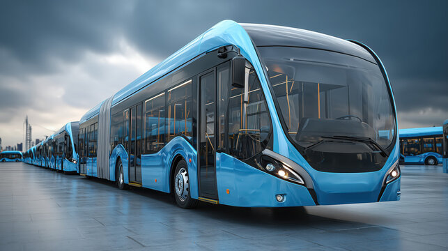 Fleet of modern blue buses parked in large transportation depot, showcasing efficient and futuristic design with advanced technology features