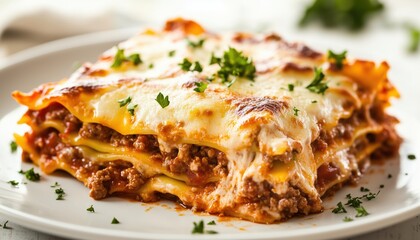 Close-Up View Of Succulent Ground Beef Lasagne With Melted Cheese And Fresh Parsley, Served On A Plate For Menu Display.