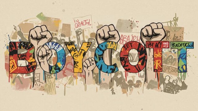Vibrant graphic art depicting fists and the word 'BOYCOTT' with energy.