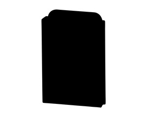 Black silhouette of an ornate headstone or plaque set against white background