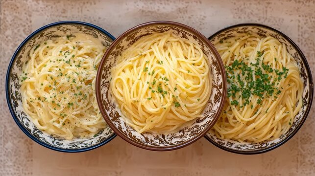 Bowls of pasta for cooking content and Italian cuisine advertisements
