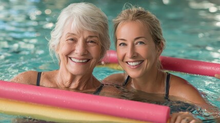 smiling senior woman doing aqua fitness with swim noodles happy mature healthy woman taking fitness classes in aqua aerobics healthy old woman holding swim noodles doing aqua gym with young trainer n