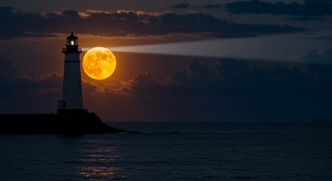 Lighthouse beacon illuminated by a full orange moon against a night sky