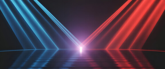 Obraz premium Dual Beam Spectrum: An illuminating abstract scene showcasing vibrant red and blue light rays converging from opposite directions, crafting a visually dynamic composition.