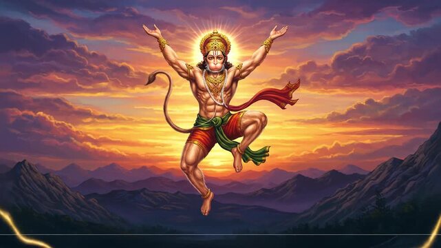 A vibrant portrayal of Hanuman in a dynamic pose against a sunset.