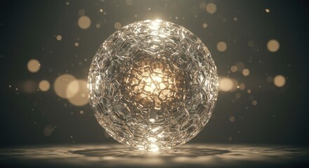 A glowing sphere with intricate details and a golden light effect in studio shot