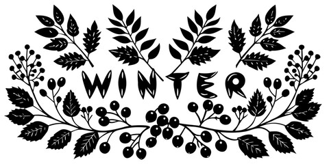 Black Winter Leaf and Berry Silhouette Art