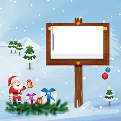 Christmas Sign, Blank Christmas winter sign, An illustration of a Christmas post template, snow flakes Christmas baubles, Featuring a Santa's hat, Santa Claus nice billboard for you message.