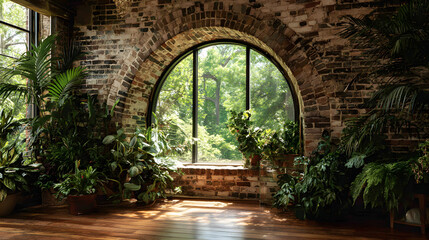 Obraz premium Brick wall room, arched window, lush plants, natural light, garden backdrop