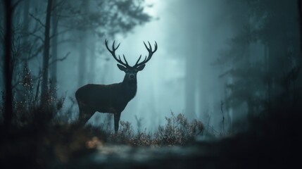 Naklejka premium Majestic Deer with Glowing Antlers Walking Gracefully Through a Misty Forest Landscape at Dawn