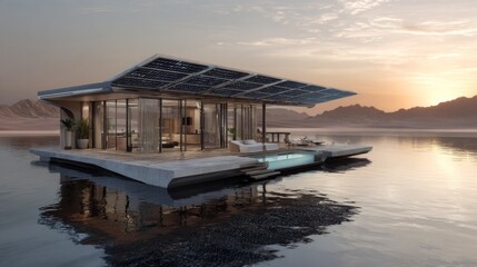 Modern Eco-Friendly Villa with Floating Solar Panels in Serene Desert Landscape at Sunset