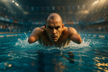 Determined Para Swimmer with amputated arms in Action at Competition