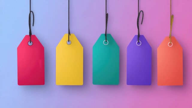 A row of colorful tags hanging from a string