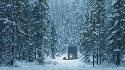 Naklejka premium Cozy Digital Detox Cabin Nestled Amidst Snowy Pine Forest Under a Tranquil Winter Sky