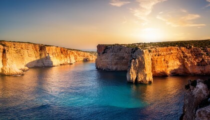 majestic limestone cliffs bathed in golden light over a tranquil mediterranean sea