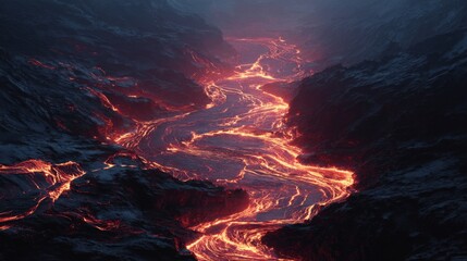 Epic Canyon with Rivers of Glowing Lava Flowing Through Dramatic Landscape at Dusk