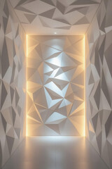 Modern interior space with faceted geometric wall panels and integrated warm LED lighting, creating a futuristic architectural design. Minimalist hallway or gallery with abstract polygonal surfaces.