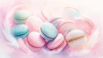 Fototapeta premium Dreamy Watercolor Illustration of Pastel Macarons on a Bed of Soft Feathers