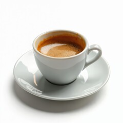 Fototapeta premium White cup full of rich espresso coffee with thick crema sits on saucer. Isolated on white background, this strong hot drink invites you to enjoy a moment of pure coffee pleasure.