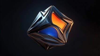 Dynamic Abstract Metallic Geometric Form with Vibrant Orange and Blue Luminous Elements
