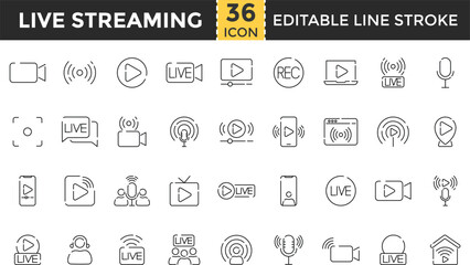 Live Streaming Line Icon Set. Pixel Perfect and Outline Editable Stroke Icons collection for Web Streaming, Broadcasting, Podcast, Television, Sports, Film, Social Media, and Recording