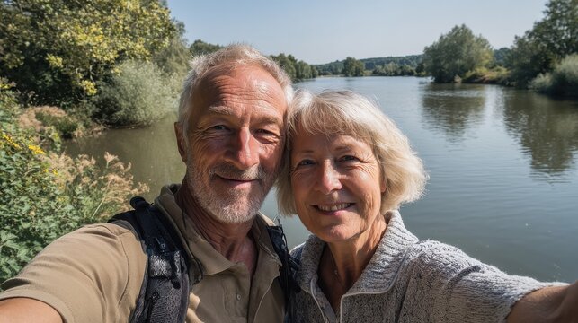 a senior pensioner couple standing by lake in nature taking selfie no logos no brands ar 169 - Powered by Adobe