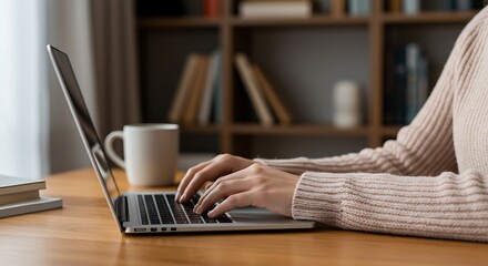 Focused professional typing on a laptop keyboard at a wooden desk, illustrating concepts of remote work, online learning, and digital business.