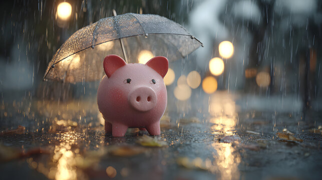 A conceptual image of a piggy bank under a rain-shielding umbrella, illustrating economic security and emergency funds.