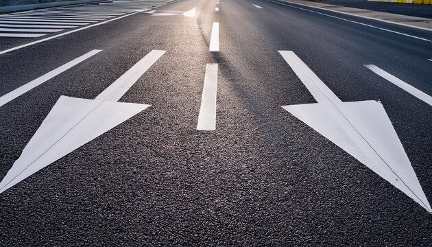 perspective view of asphalt road surface with directional arrows and speed bumps urban road