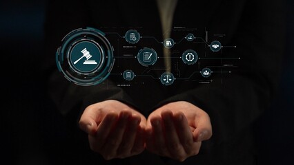 Futuristic digital law interface displaying justice scale, highlighting digital law, AI compliance, digital law systems, and digital law regulations for secure governance. Muxer
