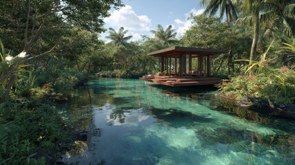 Obraz premium Tranquil Floating Spa Pavilion Surrounded by Lush Tropics and Crystal Clear Waters
