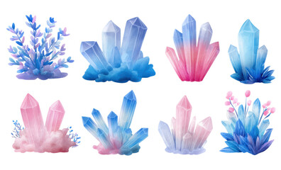 Fototapeta premium A collection of vibrant crystals in varying shapes and colors, showcasing shades of blue, pink, and purple, with some accompanied by delicate floral elements.