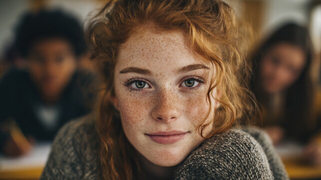 satisfied young woman looking at camera team of multiethnic students preparing for university exam portrait of girl with freckles sitting in a row with her classmates during high school exam no logos