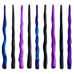 Fototapeta premium Colorful, spiraled wand-like objects featuring cosmic designs and star patterns.