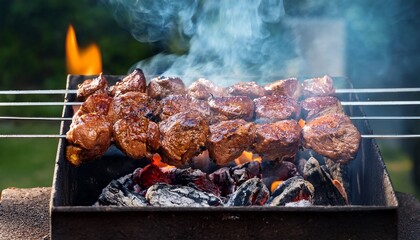 grilled meat on skewer outdoors with fire traditional cuisine and juicy texture bar b q meat grill food smoke grilling