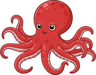 Cute red cartoon octopus with smiling face, isolated on white background, perfect for kids, educational illustrations, marine animal projects, and vector art designs